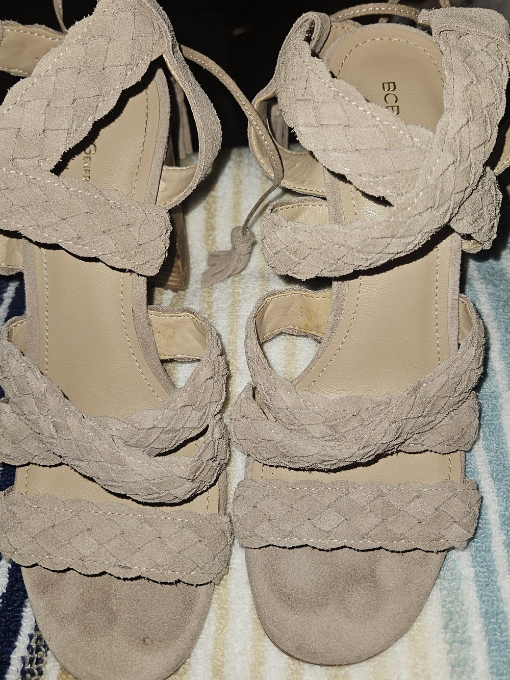 BCBG Taupe Braided Suede Ankle-Tie Sandals